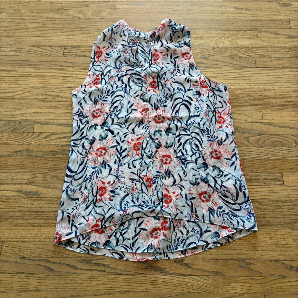 Cabi Womens Small Floral Sleeveless V-Neck High Low Blouse Blue Red White 5288